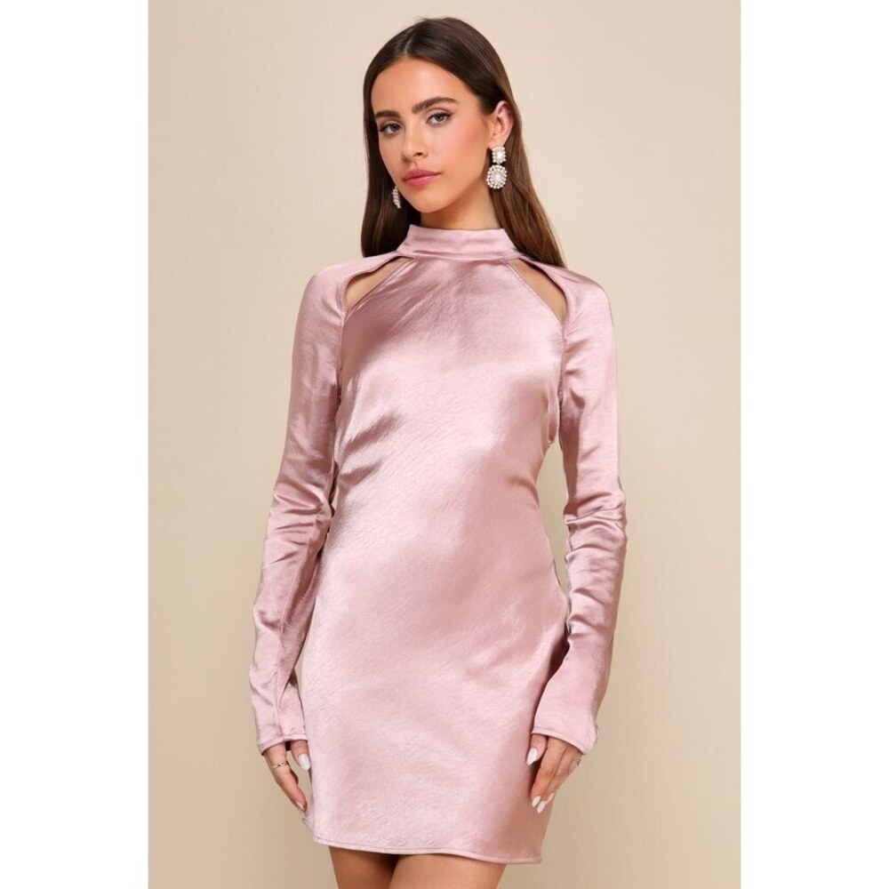 Poised Aura Dusty Mauve Satin Mock Neck Cold-Shoulder Mini Dress
